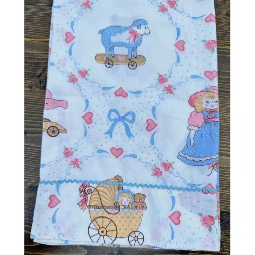 Vintage‎ Handmade Pillowcases Pair Nursery Teddy Bear Doll Kids Pastel Retro